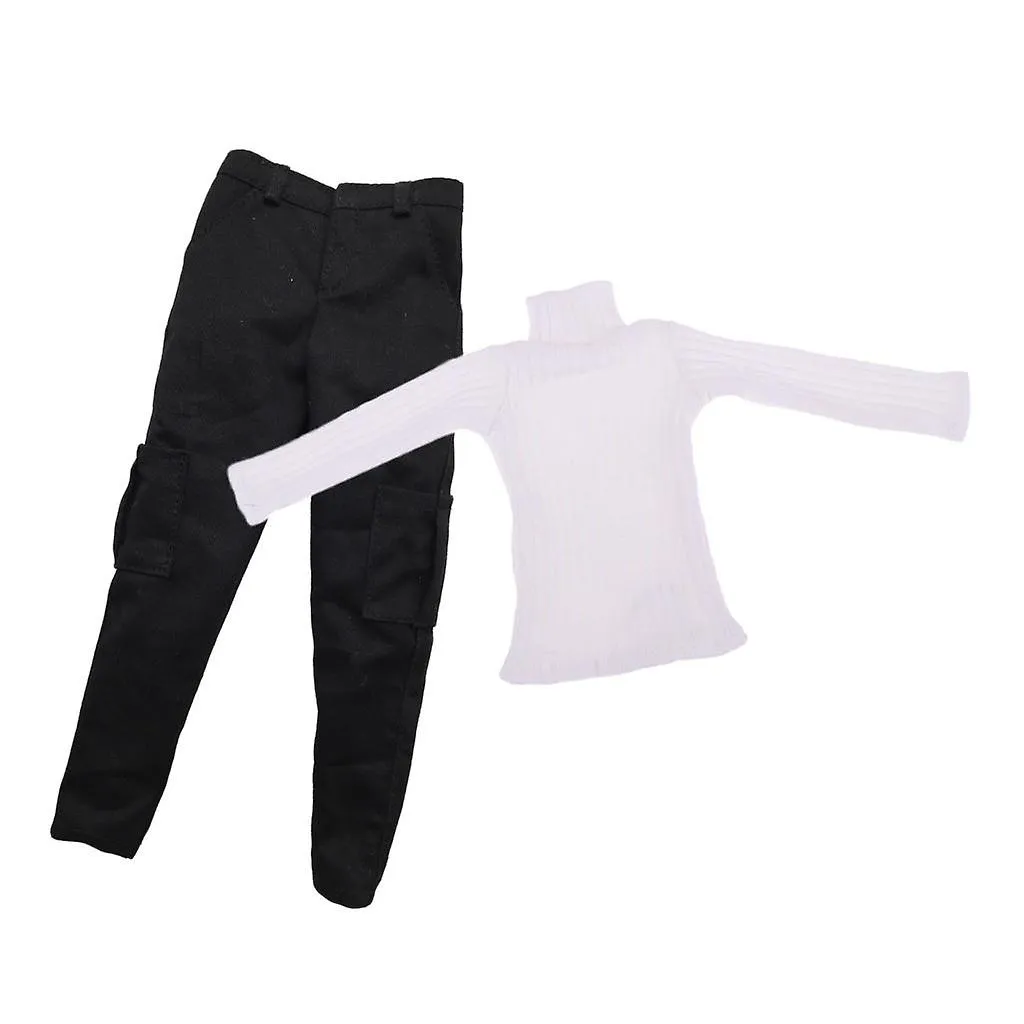 1:6 Scale Mans Clothes Black Casual Trousers And White Sweater Accessories