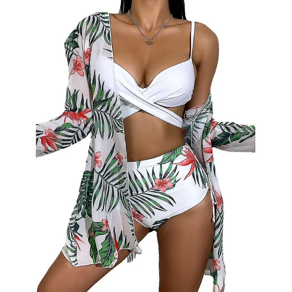 3 Pieces Split Swimwear For Women Floral Print Bathing Suit Twist Front Bikinis