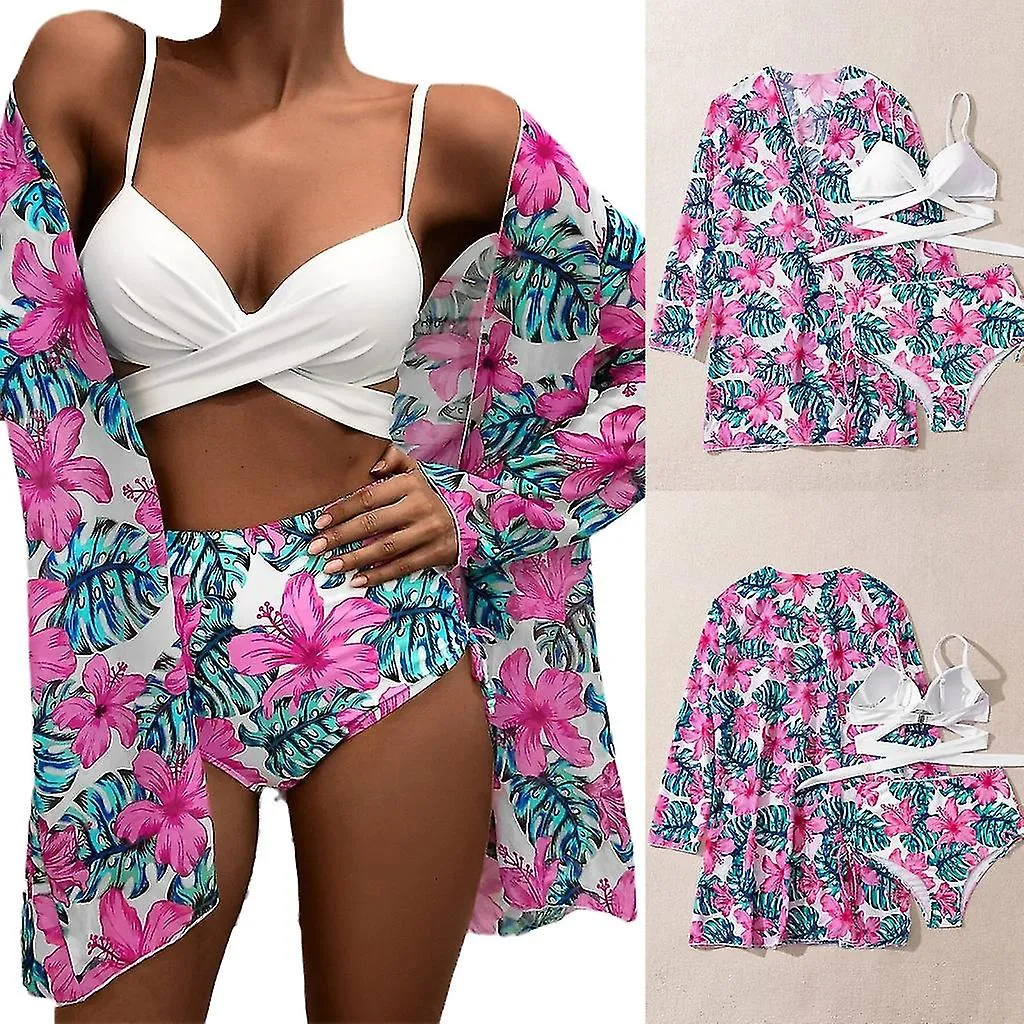 3 Pieces Split Swimwear For Women Floral Print Bathing Suit Twist Front Bikinis