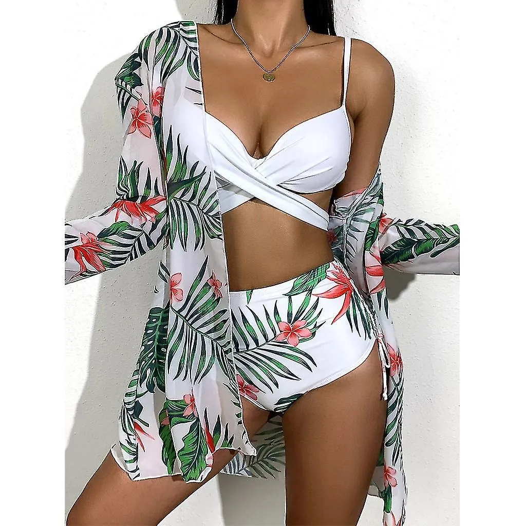 3 Pieces Split Swimwear For Women Floral Print Bathing Suit Twist Front Bikinis