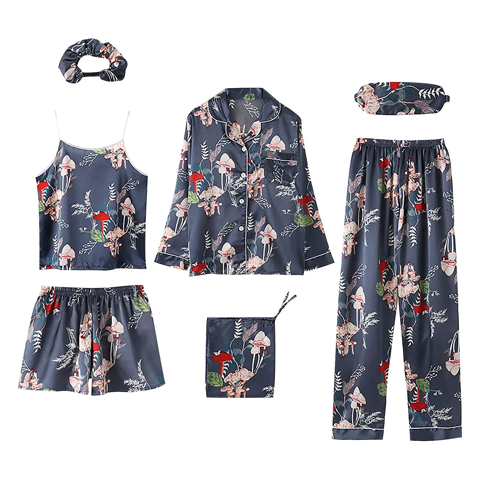 7 Pieces Women's Pajamas Sets Faux Silk Pyjama Women's Pajamas Sleepwear Sets Spring Summer Homewear Nightwear Set Ladie