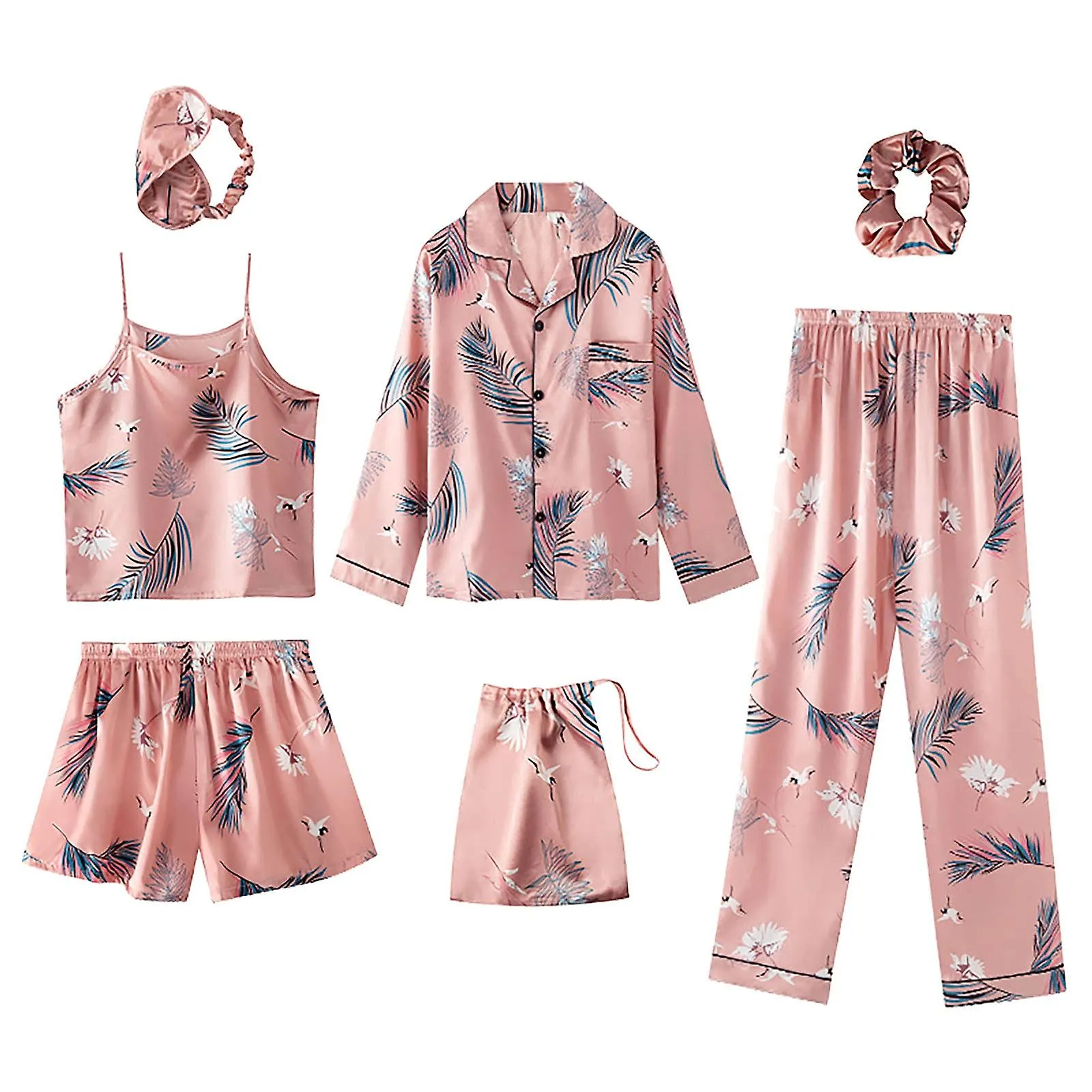 7 Pieces Women's Pajamas Sets Faux Silk Pyjama Women's Pajamas Sleepwear Sets Spring Summer Homewear Nightwear Set Ladie