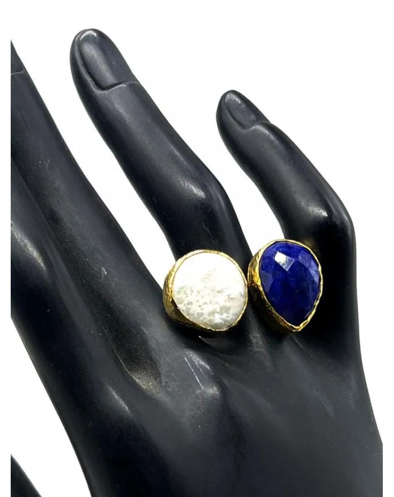 ANILLOS DE MUJER CON DUO DE PIEDRA AZUL AÑIL Y PERLA