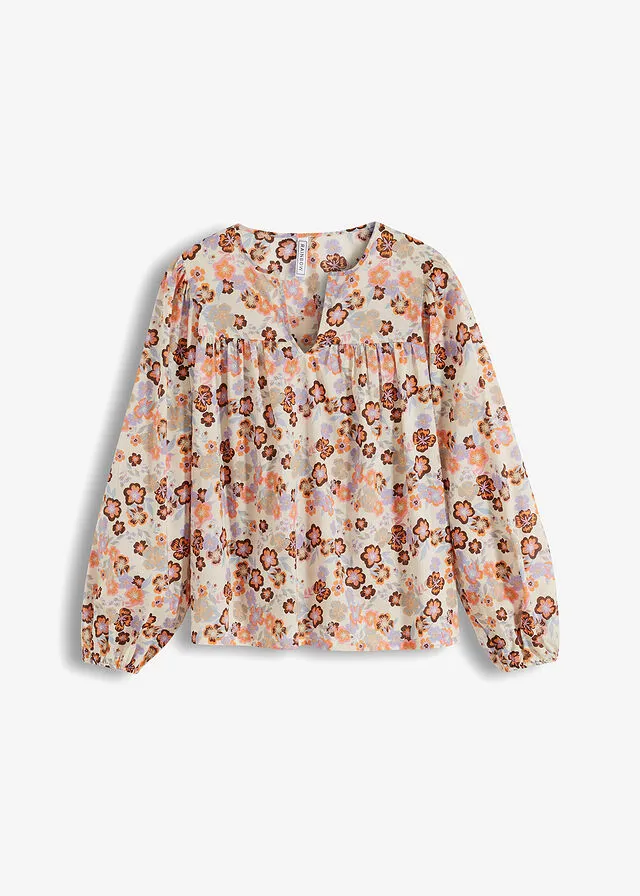 BLUSA ESTAMPADA DE ALGODóN ORGáNICO GRIS GUIJARRONARANJA CLAROCAFé CON LECHEVIOLETA CLARO DE FLORES
