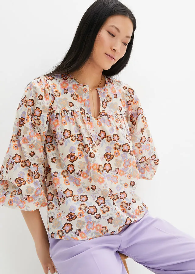 BLUSA ESTAMPADA DE ALGODóN ORGáNICO GRIS GUIJARRONARANJA CLAROCAFé CON LECHEVIOLETA CLARO DE FLORES