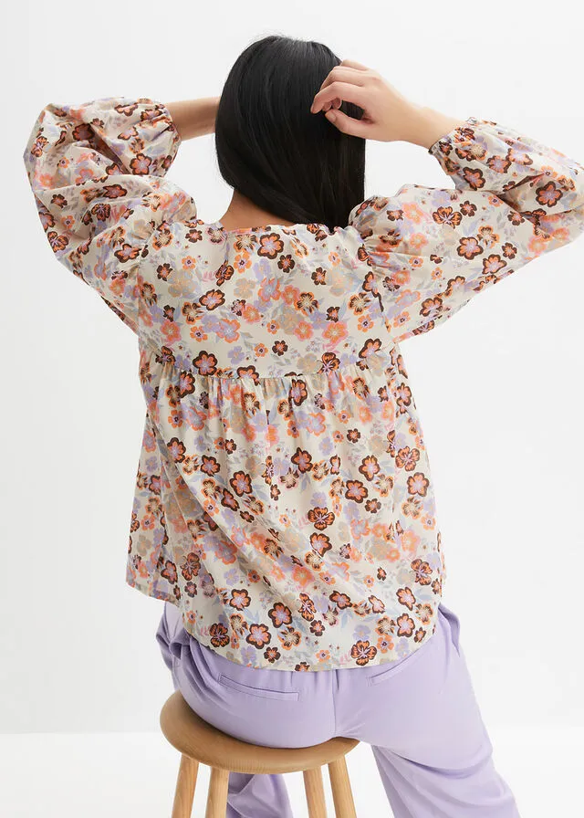 BLUSA ESTAMPADA DE ALGODóN ORGáNICO GRIS GUIJARRONARANJA CLAROCAFé CON LECHEVIOLETA CLARO DE FLORES