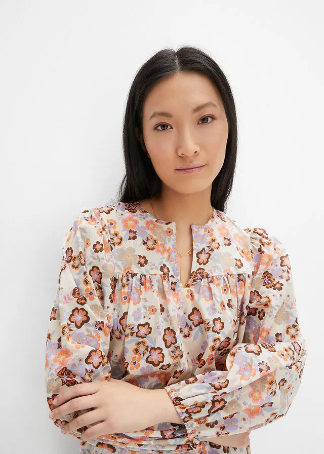 BLUSA ESTAMPADA DE ALGODóN ORGáNICO GRIS GUIJARRONARANJA CLAROCAFé CON LECHEVIOLETA CLARO DE FLORES