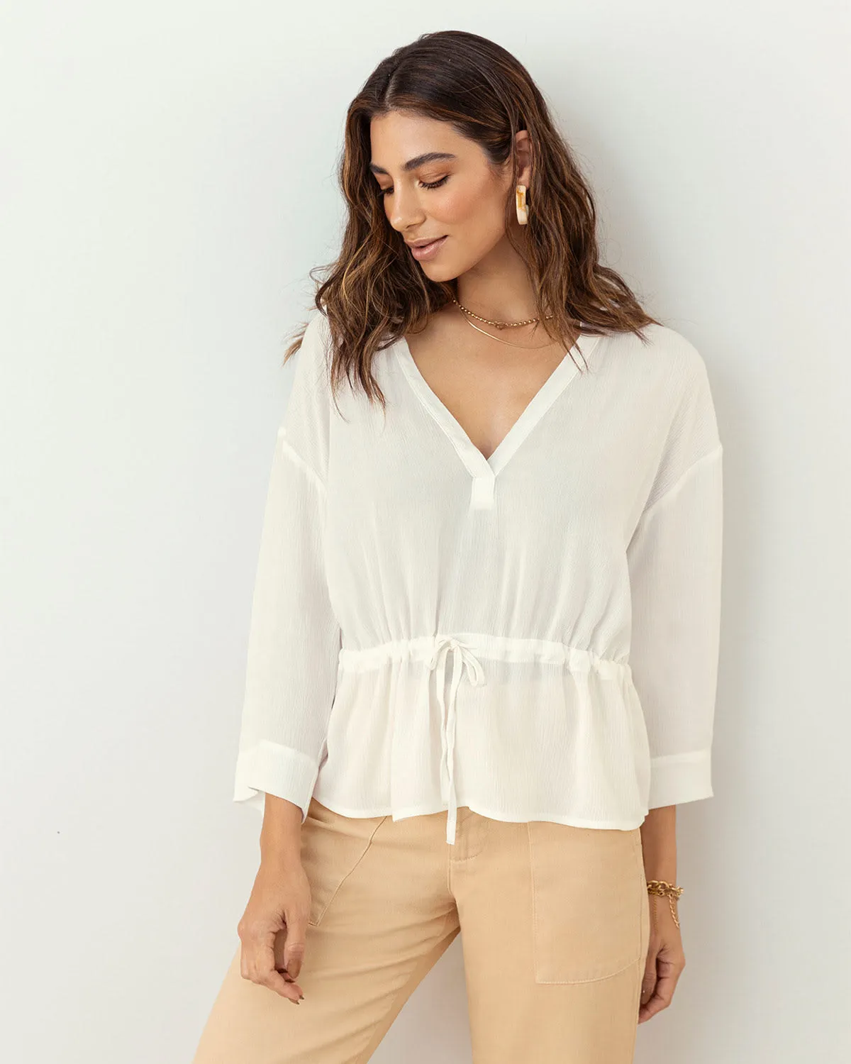 Blusa manga 3/4 con tira para anudar en cintura