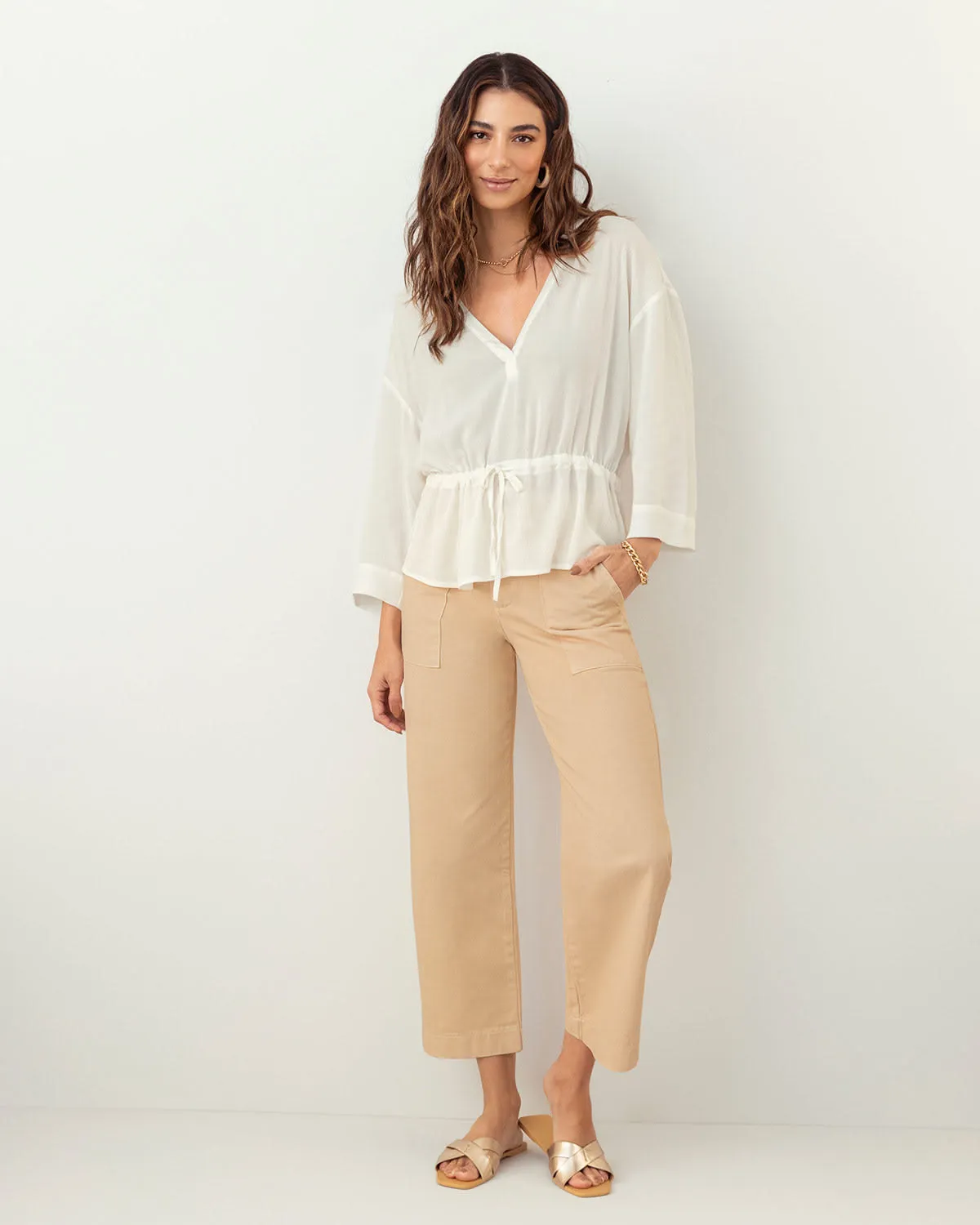 Blusa manga 3/4 con tira para anudar en cintura