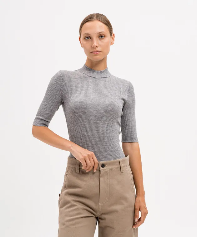 Brunello Cucinelli Gray wool top with monil chain