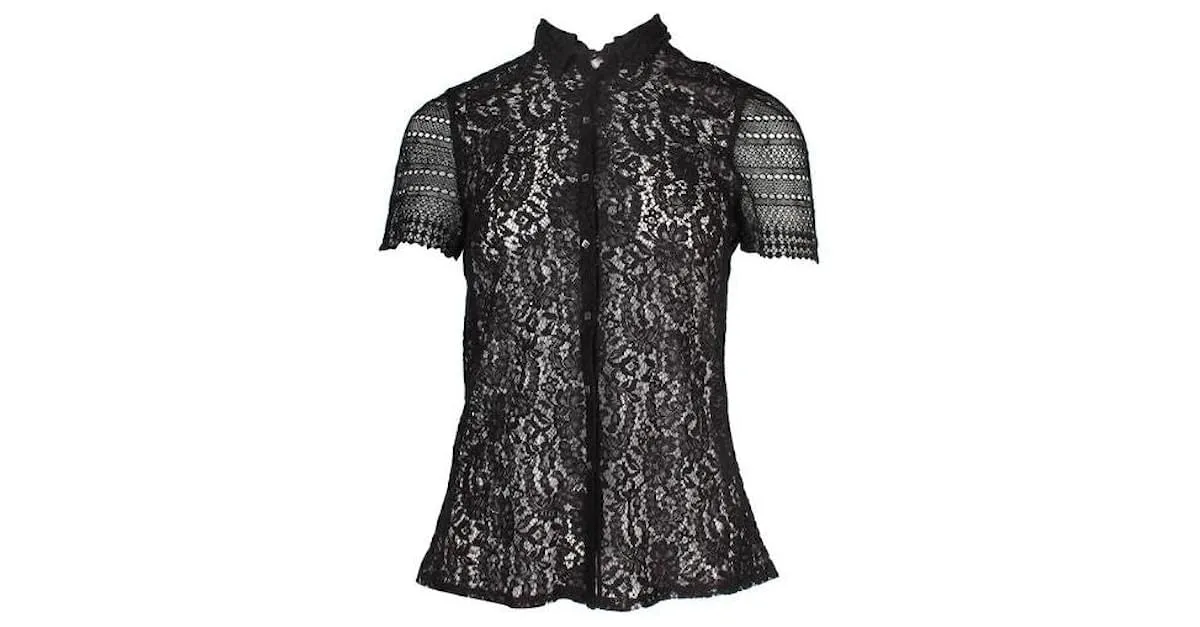 Camisa de manga corta transparente de encaje negro de La Perla 