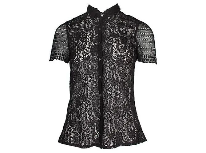 Camisa de manga corta transparente de encaje negro de La Perla 