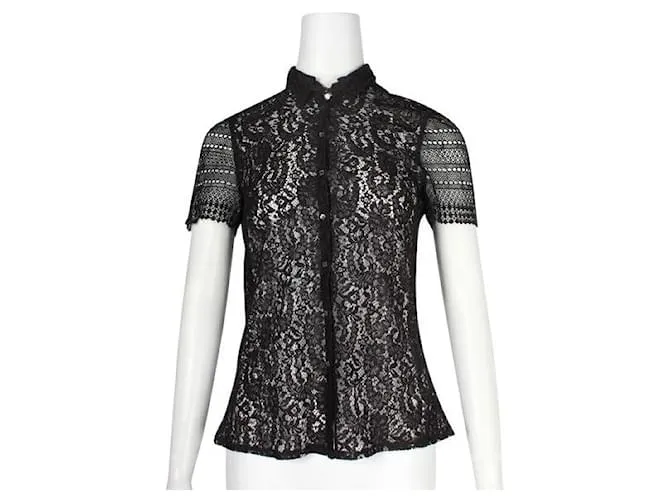 Camisa de manga corta transparente de encaje negro de La Perla 