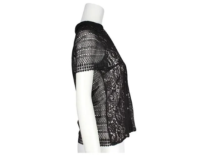 Camisa de manga corta transparente de encaje negro de La Perla 