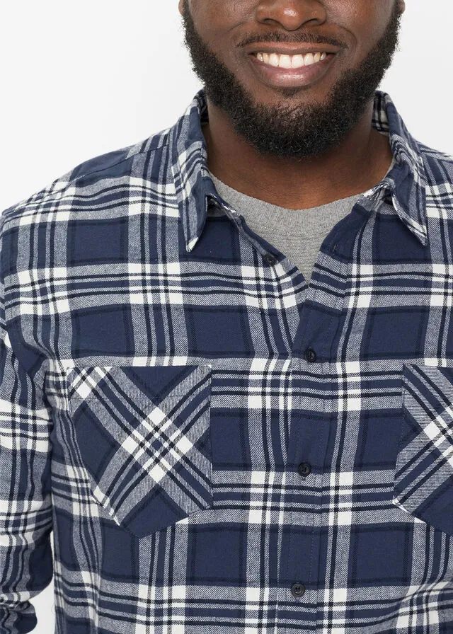 Camisa de manga larga de franela azul marino/índigo/blanco lana a cuadros