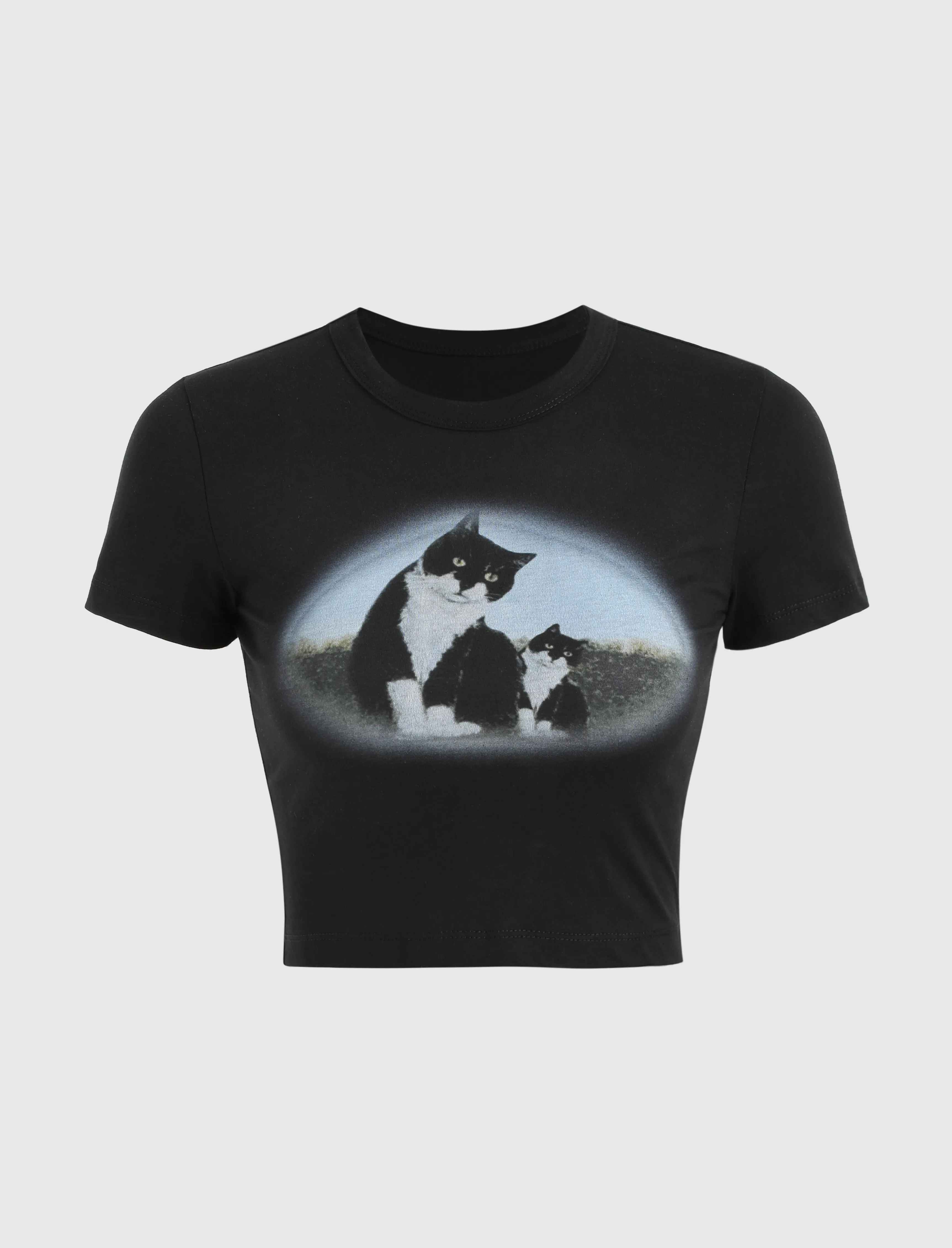 Camiseta Crop con Estampado de Gato