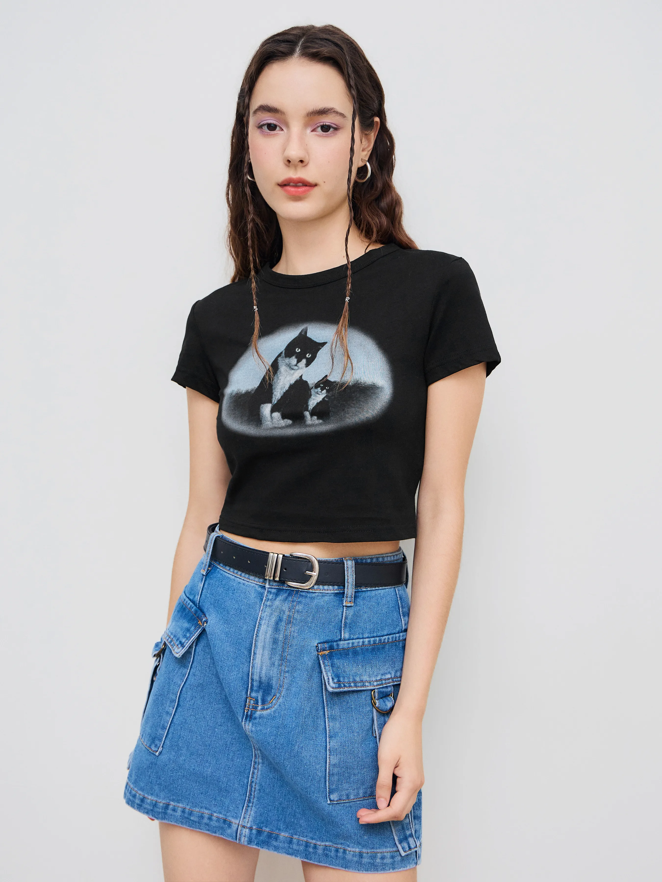 Camiseta Crop con Estampado de Gato