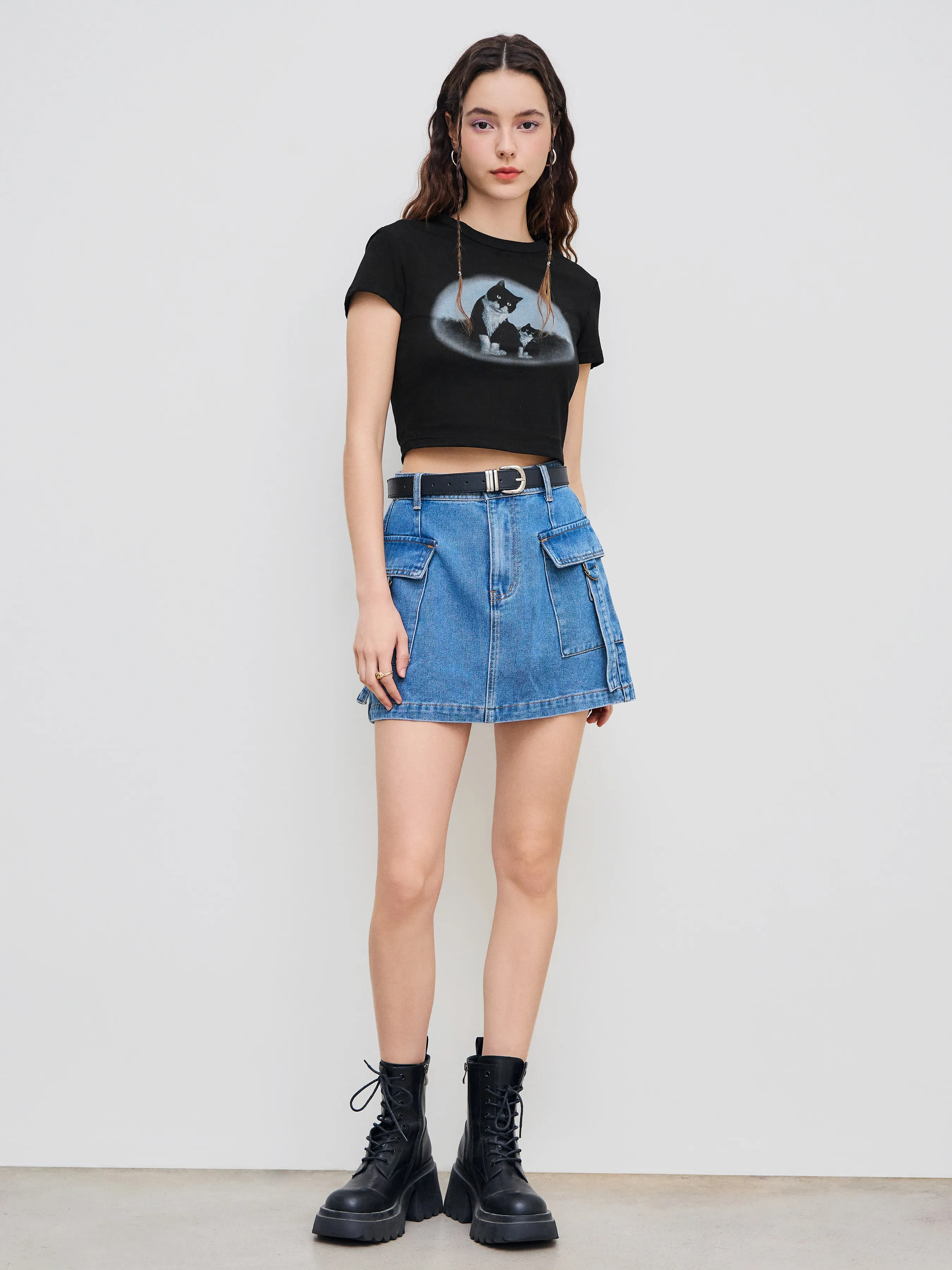 Camiseta Crop con Estampado de Gato