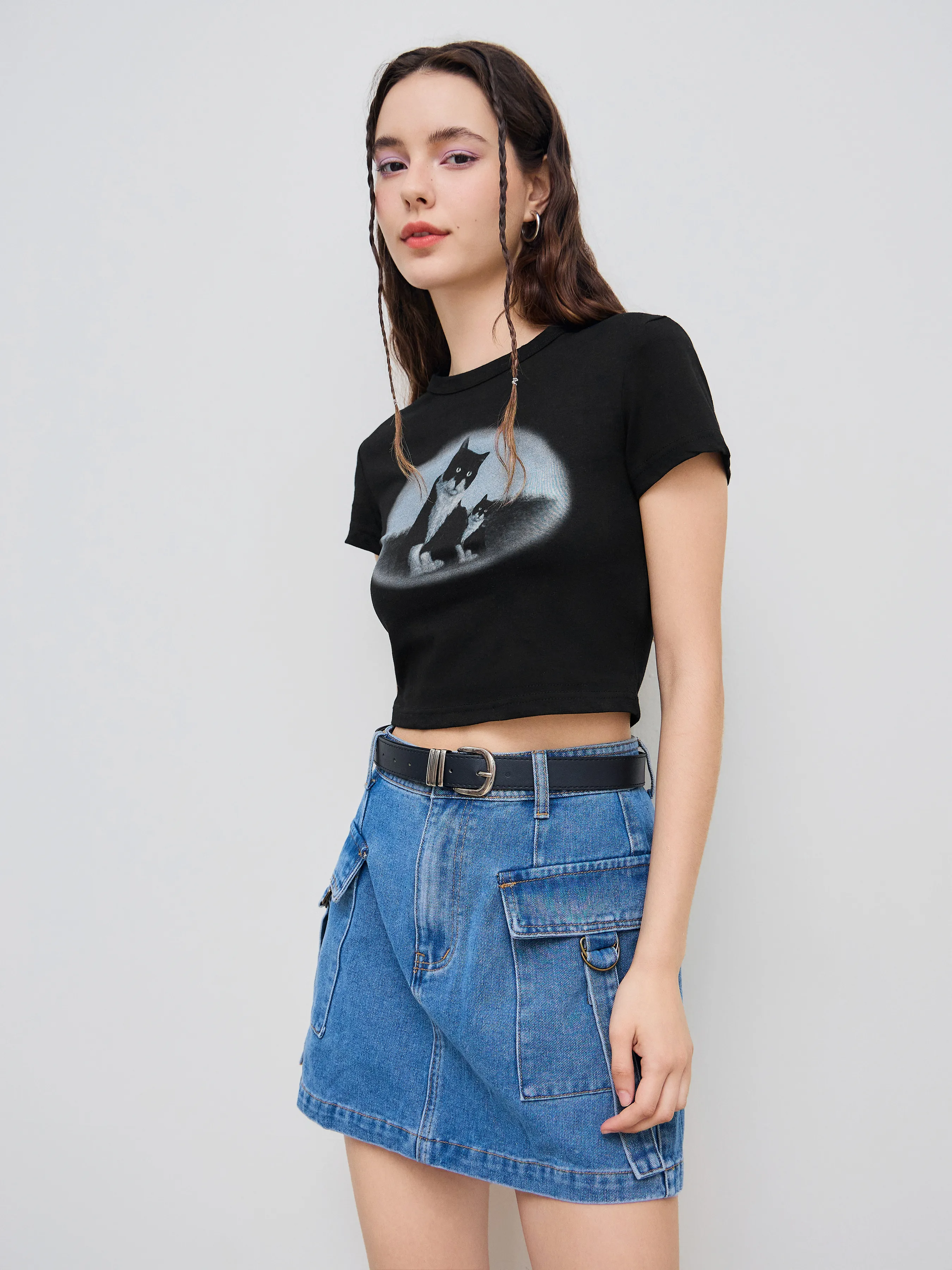 Camiseta Crop con Estampado de Gato