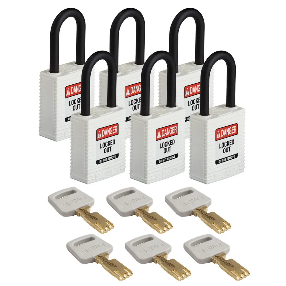 Candados Lockout, SafeKey de nailon, cuerpo antichispas, 6 unidades, blanco