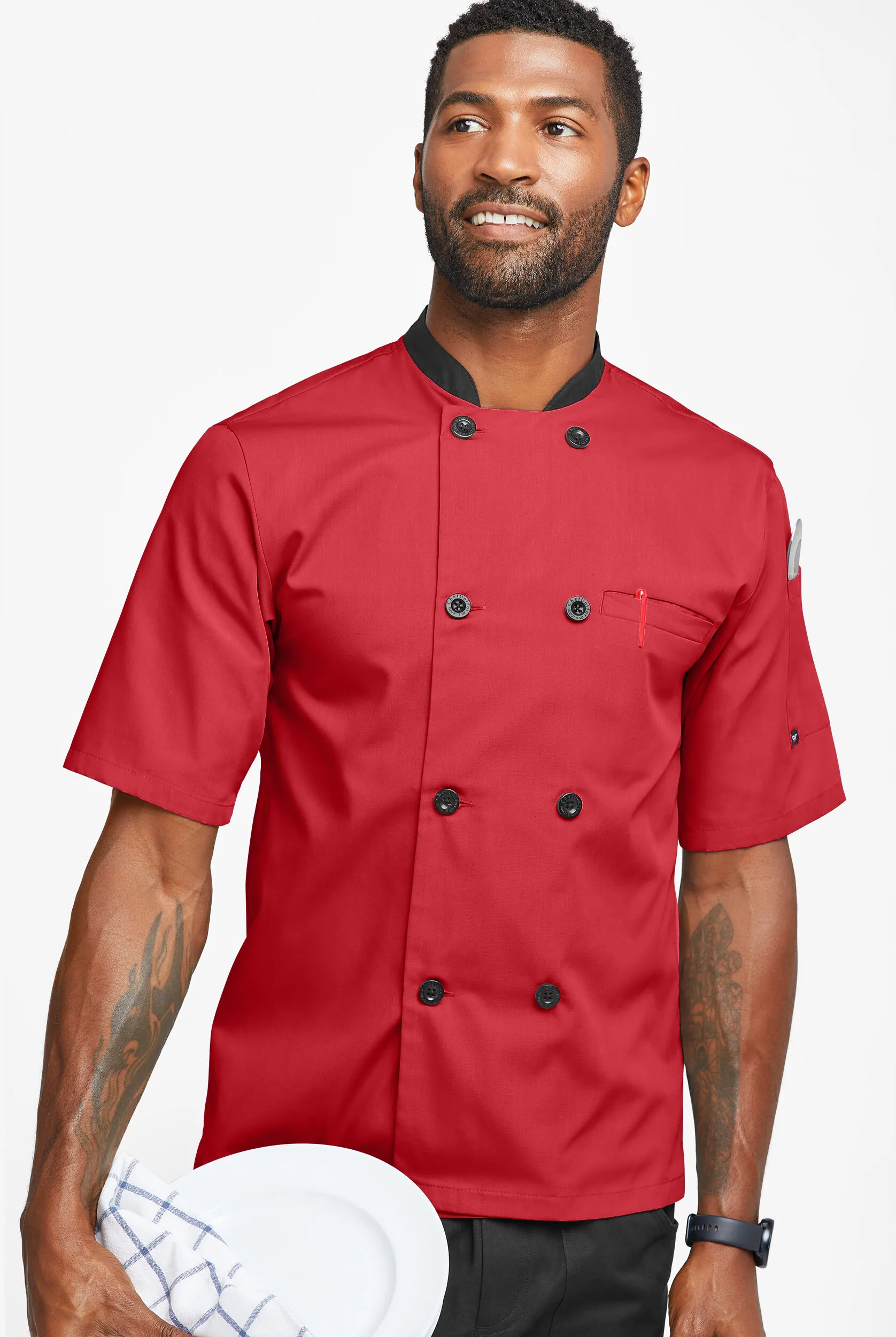 Chaqueta de chef liviana con doble abotonadura y botones de plástico para hombre