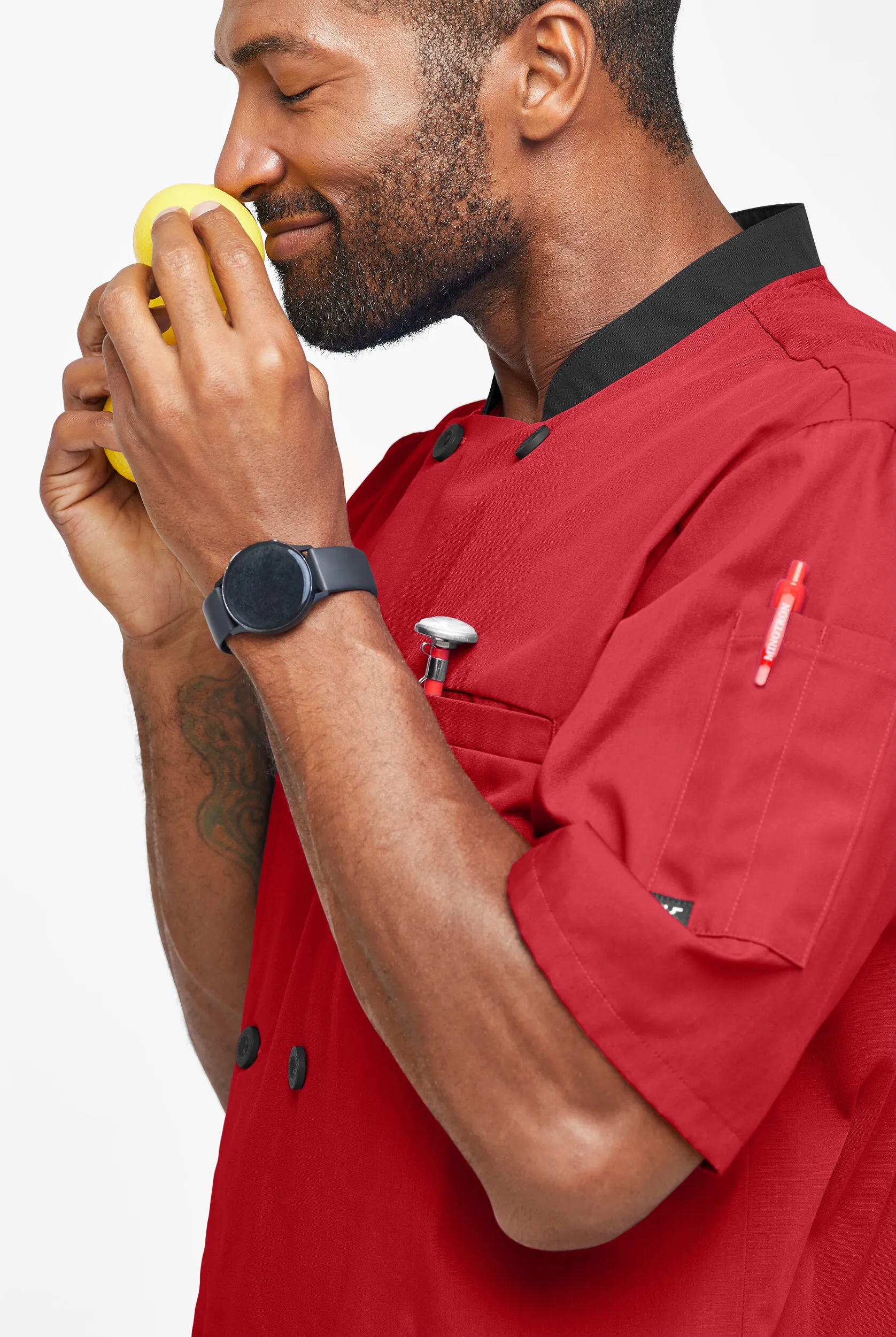 Chaqueta de chef liviana con doble abotonadura y botones de plástico para hombre