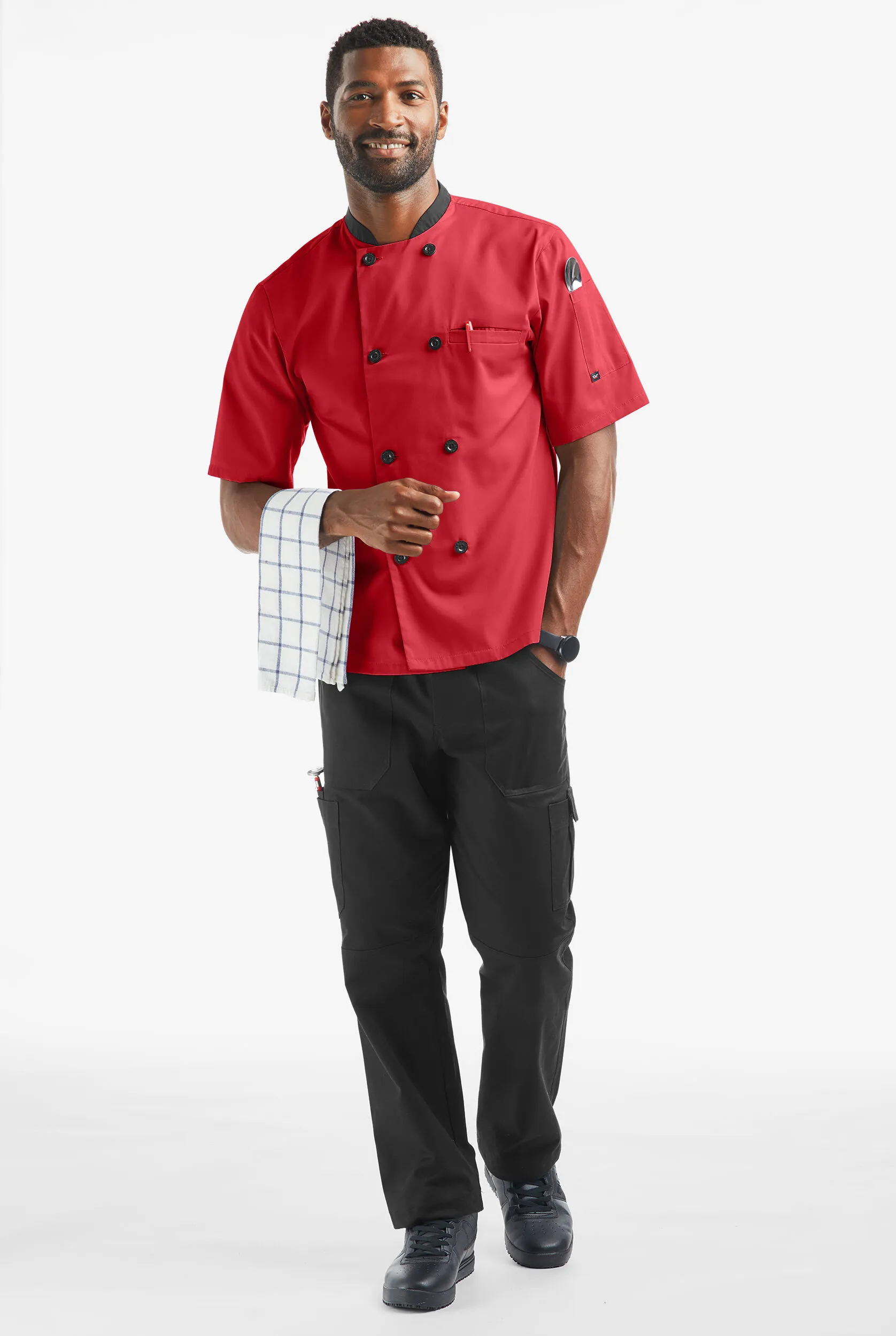 Chaqueta de chef liviana con doble abotonadura y botones de plástico para hombre