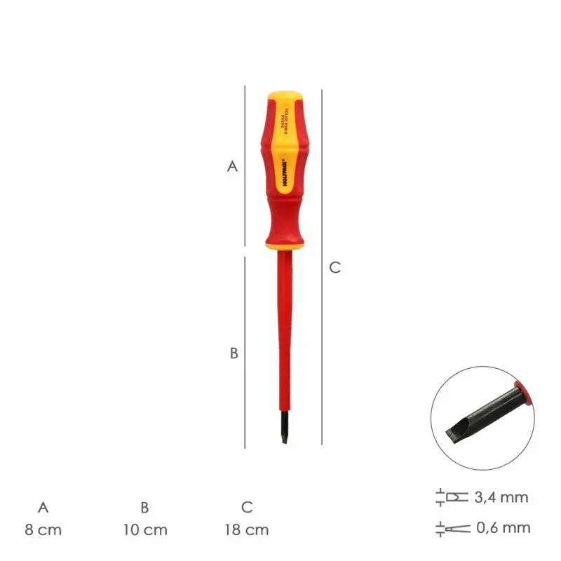 Destornillador Plano Aislado Certificado VDE 1.000 V. Medida 0,6x Ø 3,0 x 100 mm. Destornillador Seguridad Electricista