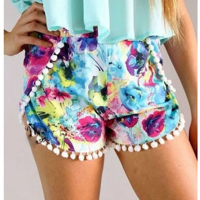 Floral Print Elastic Waist Chiffon Fringed Beach Summer Shorts