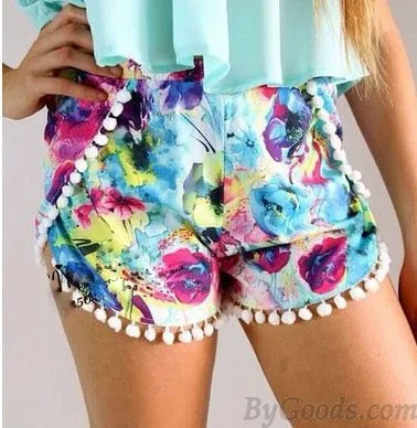 Floral Print Elastic Waist Chiffon Fringed Beach Summer Shorts