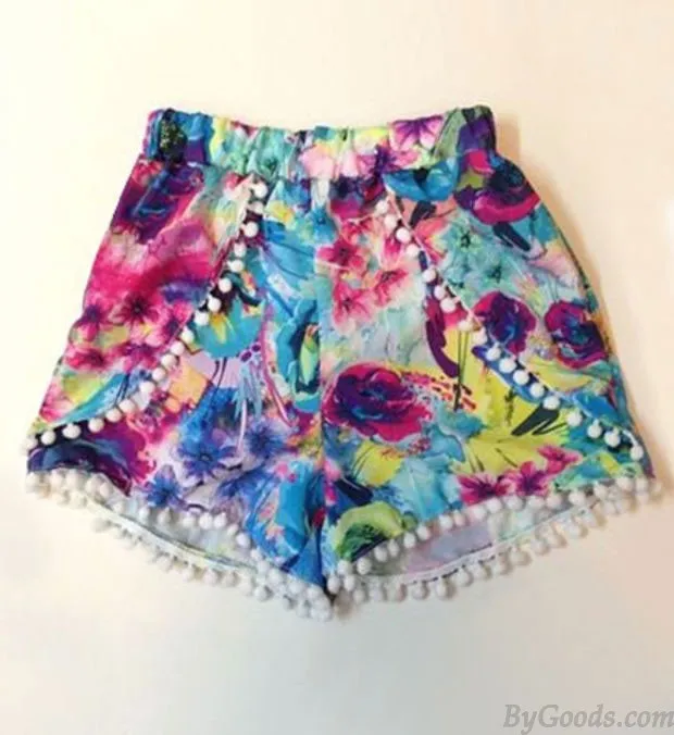 Floral Print Elastic Waist Chiffon Fringed Beach Summer Shorts