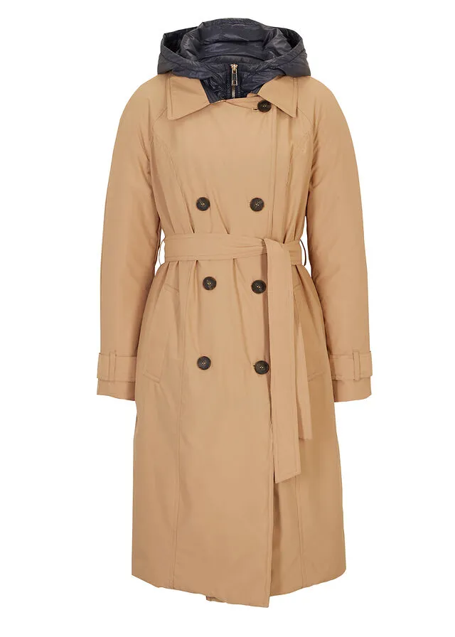 GABARDINA CON INSERTO DE CHALECO Y GUATEADO CAPUCHINOAZUL OSCURO