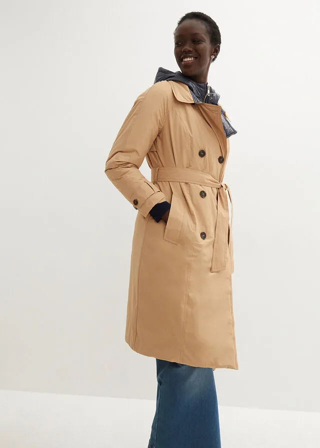 GABARDINA CON INSERTO DE CHALECO Y GUATEADO CAPUCHINOAZUL OSCURO