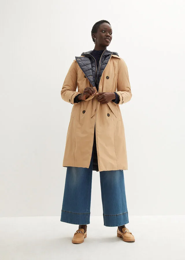 GABARDINA CON INSERTO DE CHALECO Y GUATEADO CAPUCHINOAZUL OSCURO