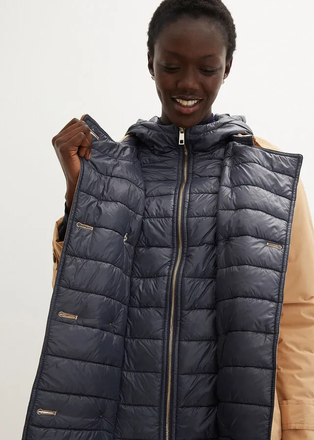 GABARDINA CON INSERTO DE CHALECO Y GUATEADO CAPUCHINOAZUL OSCURO