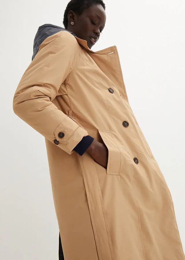GABARDINA CON INSERTO DE CHALECO Y GUATEADO CAPUCHINOAZUL OSCURO