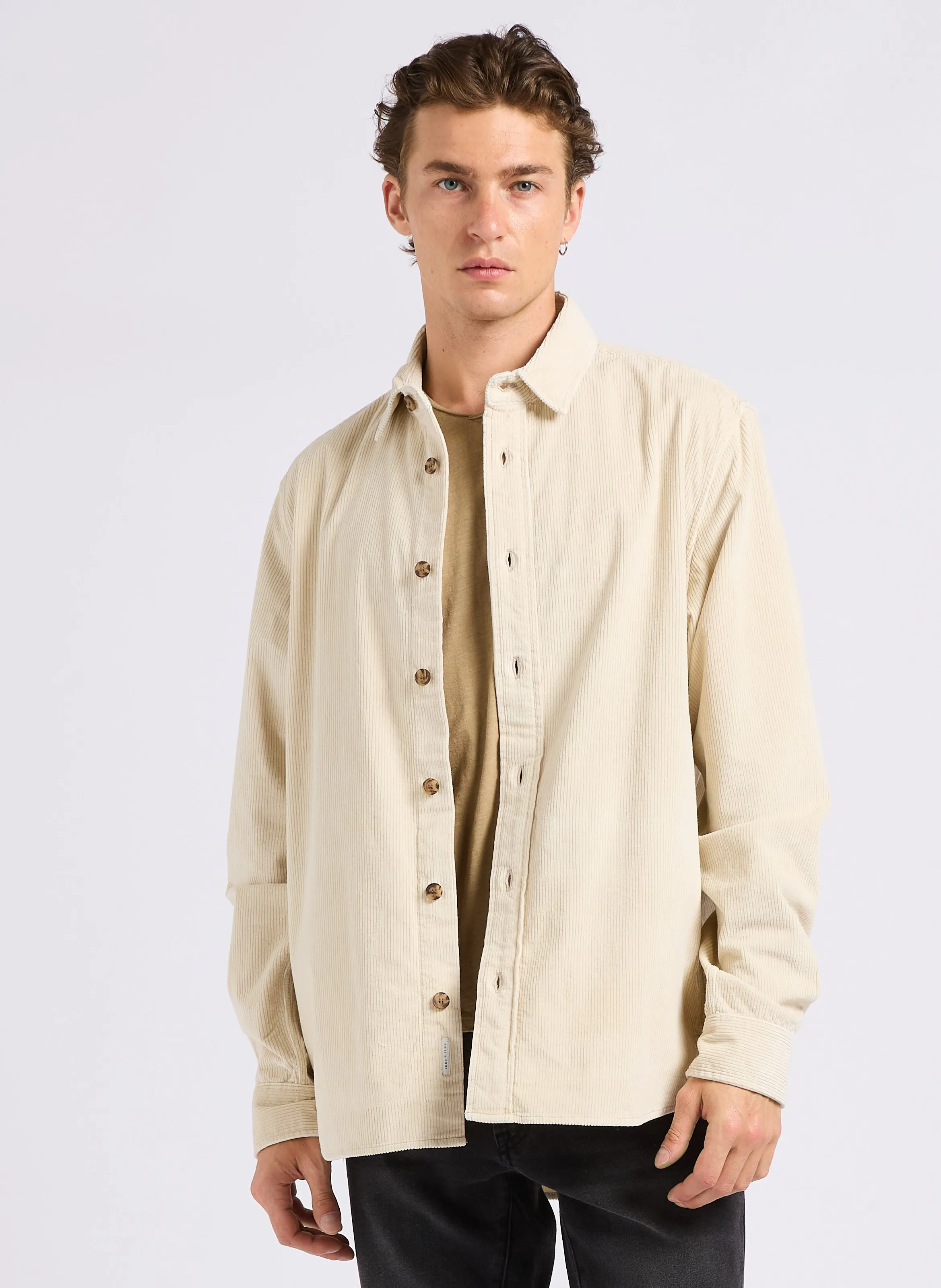 IKKS Camisa recta de algodón mezclado acanalado en beige