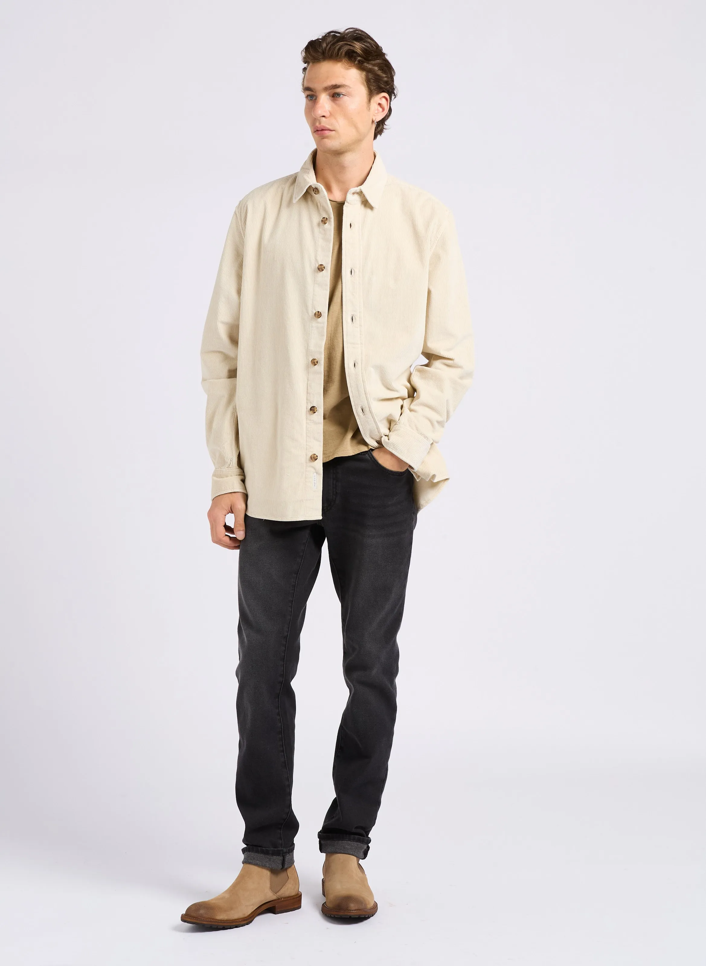 IKKS Camisa recta de algodón mezclado acanalado en beige