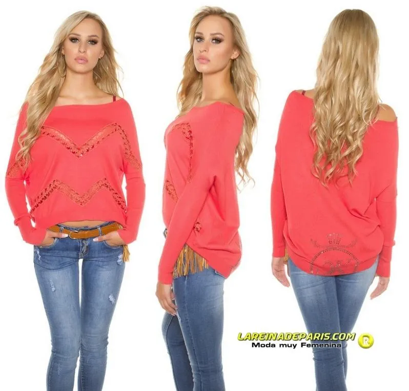 Jersey con encaje y pedrería coral