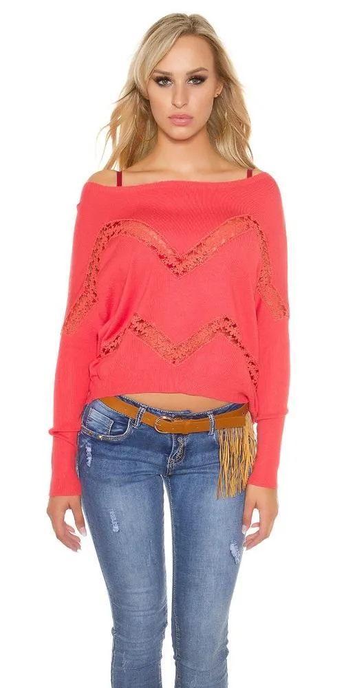 Jersey con encaje y pedrería coral