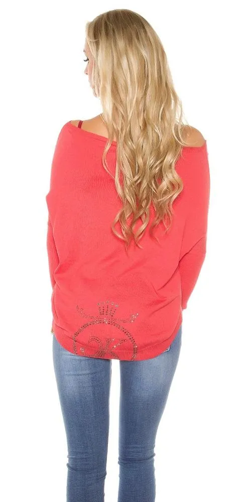 Jersey con encaje y pedrería coral