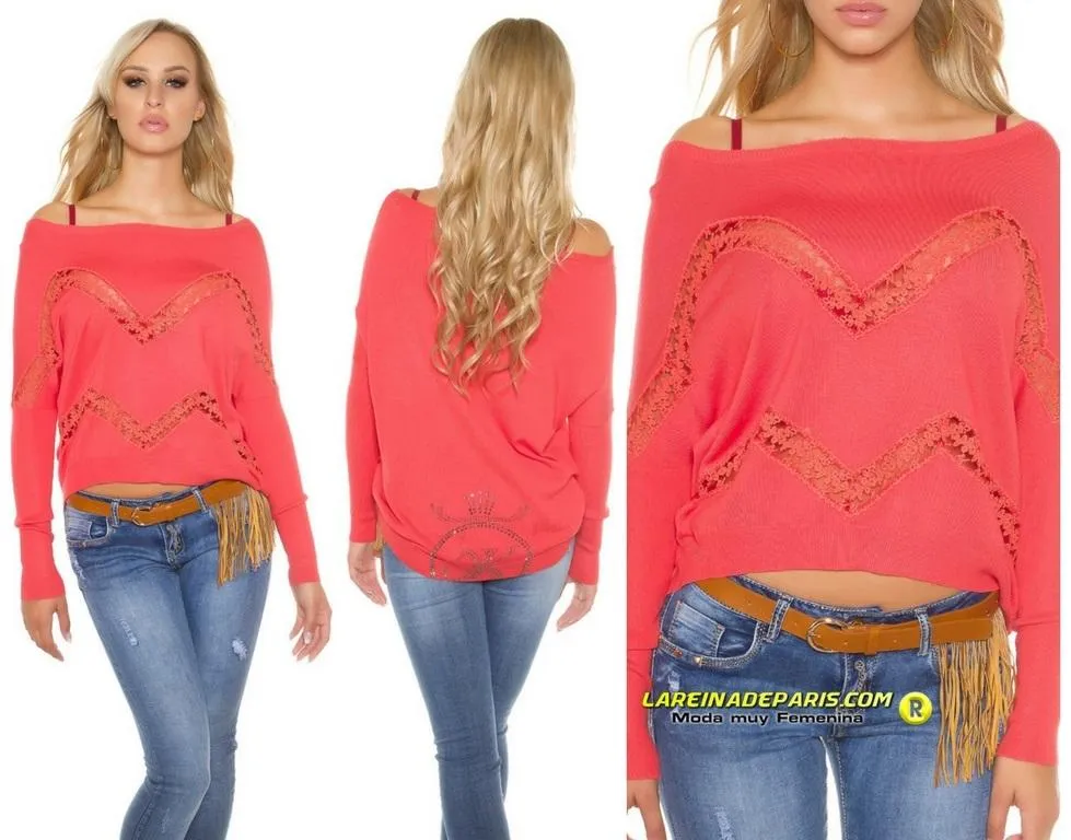 Jersey con encaje y pedrería coral