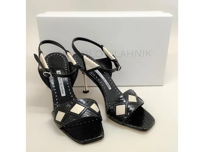 Manolo Blahnik Negro / Sandalias Jarba Serpiente Blanca 
