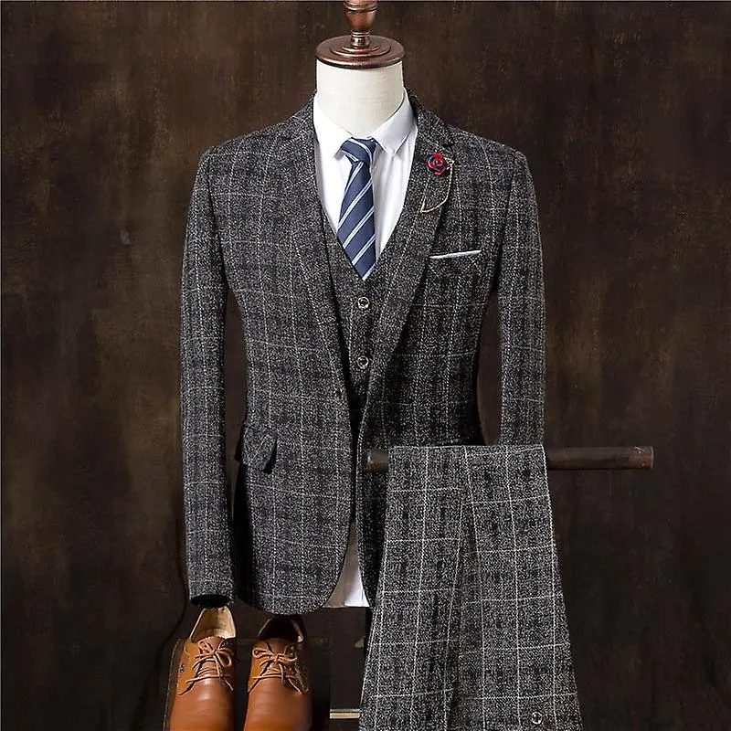 Men Business Formal Slim Fit Wedding Prom Suits Male Boutique Plaid Design Groom Dress Blazers Jacket Pants Vest 3 Pieces Set