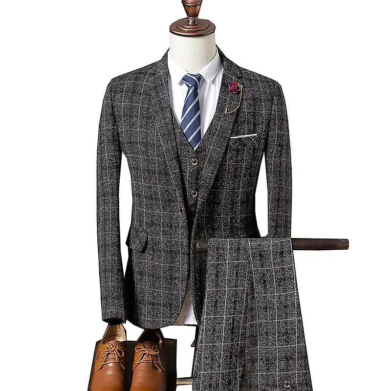 Men Business Formal Slim Fit Wedding Prom Suits Male Boutique Plaid Design Groom Dress Blazers Jacket Pants Vest 3 Pieces Set