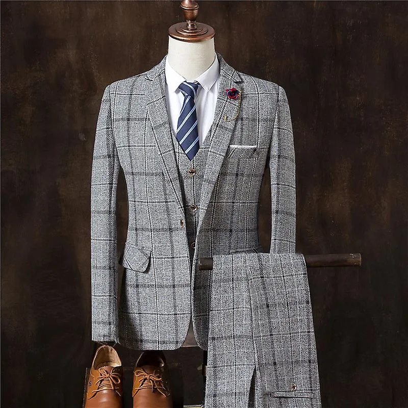 Men Business Formal Slim Fit Wedding Prom Suits Male Boutique Plaid Design Groom Dress Blazers Jacket Pants Vest 3 Pieces Set