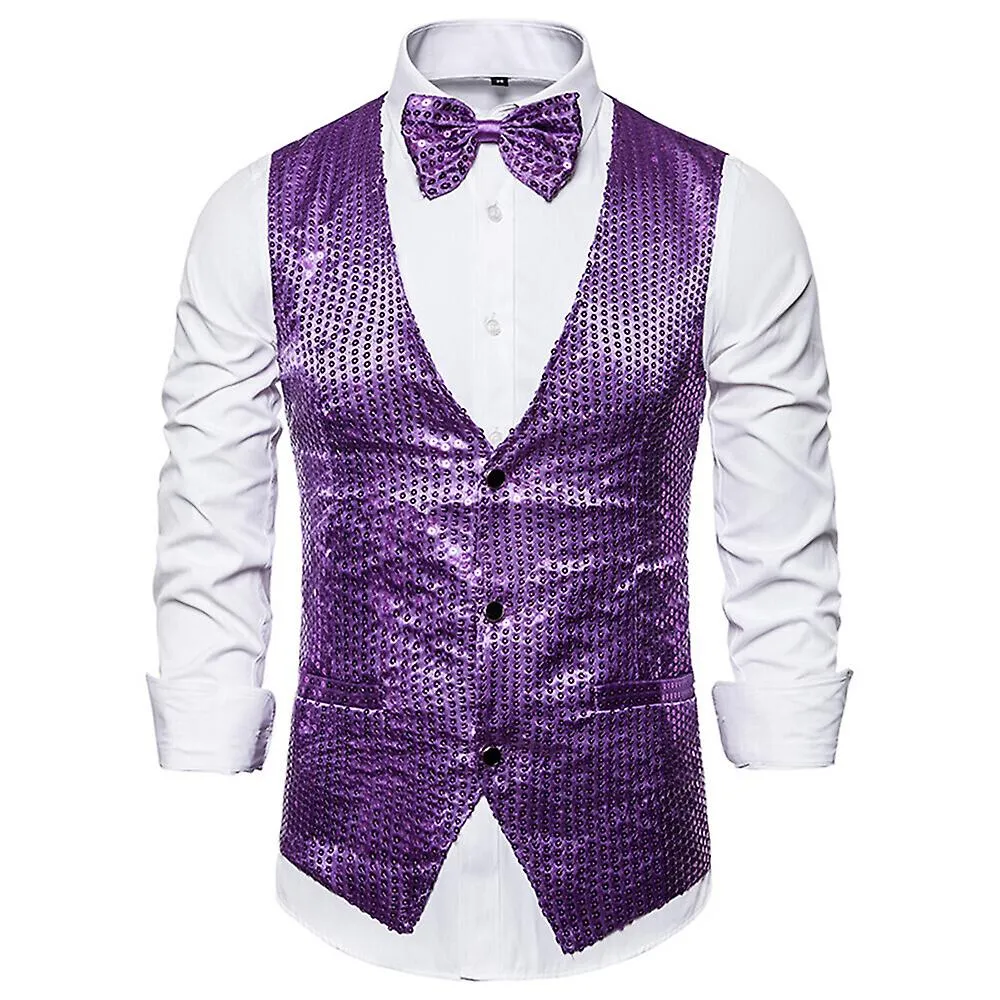 MEN'S SEQUIN VEST VNECK SHINY SUIT PARTY DRESS WAISTCOAT BOWTIE 2 PIECES STAGE COSTUMES  PURPLE
