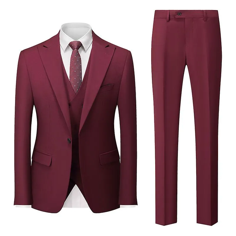 Mens Suits 3 Pieces Suit Slim Fit One Button  for Business Wedding Prom Tuxedo Claret