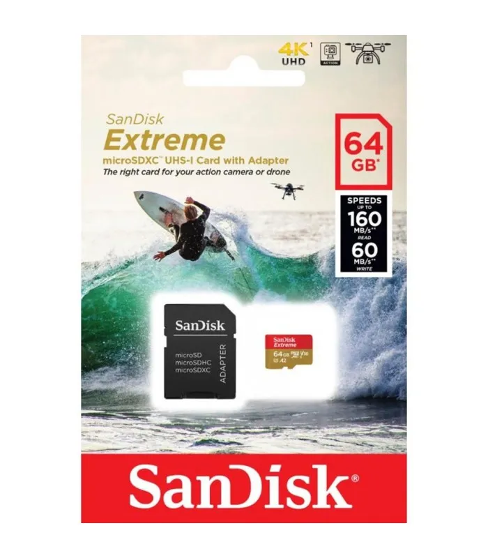 MICRO SD SANDISK EXTREME 64GB UHSI 4K / C10 / U3 / V30 / A2 R160MB/W60MB/S + ADAPTADOR