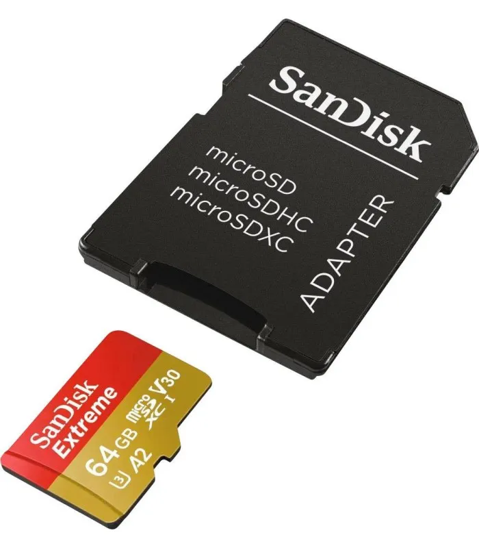 MICRO SD SANDISK EXTREME 64GB UHSI 4K / C10 / U3 / V30 / A2 R160MB/W60MB/S + ADAPTADOR